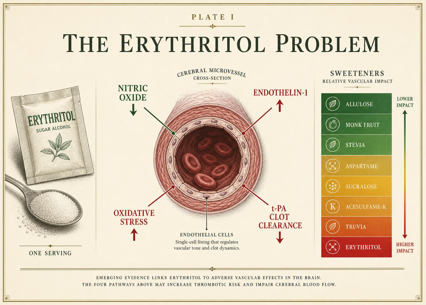Infographic: cerebral microvessel cross-section showing erythritol lowering nitric oxide and t-PA clot clearance while raising endothelin-1 and oxidative stress, with a sweetener impact scale from allulose to erythritol