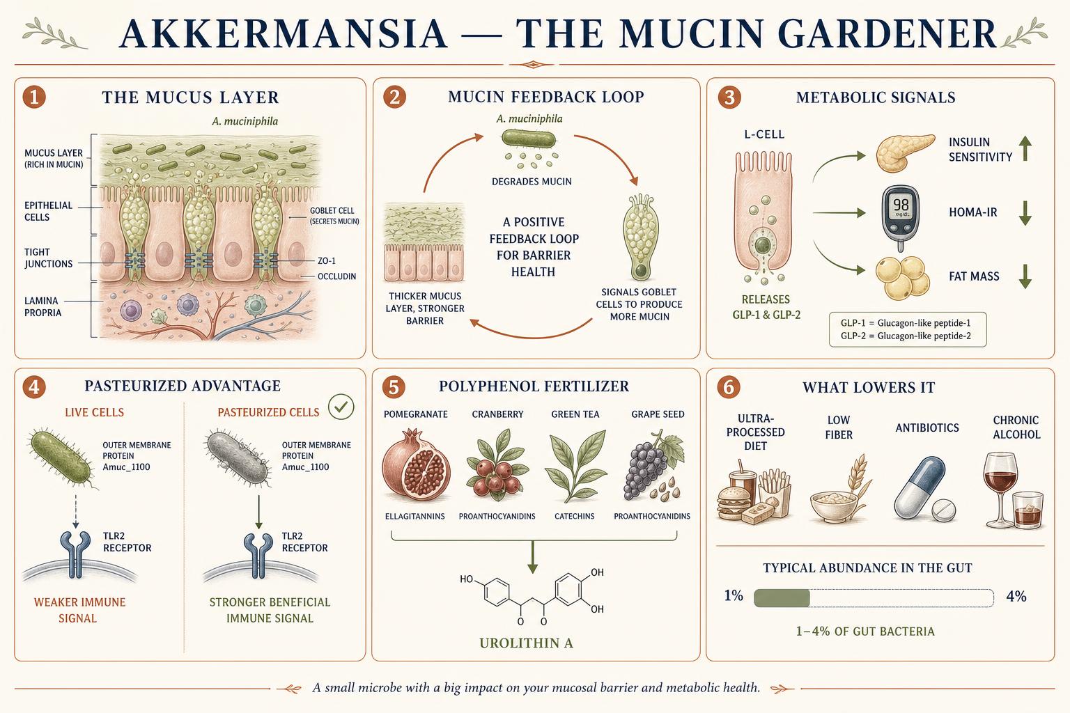 Editorial infographic plate showing a cross-section of the intestinal wall with Akkermansia muciniphila living in the mucin layer above goblet cells and ZO-1 and occludin tight junctions, the circular mucin feedback loop in which mucin degradation signals goblet cells to secrete more mucus, an intestinal L-cell releasing GLP-1 and GLP-2 with insulin sensitivity rising and HOMA-IR and fat mass falling, a comparison…