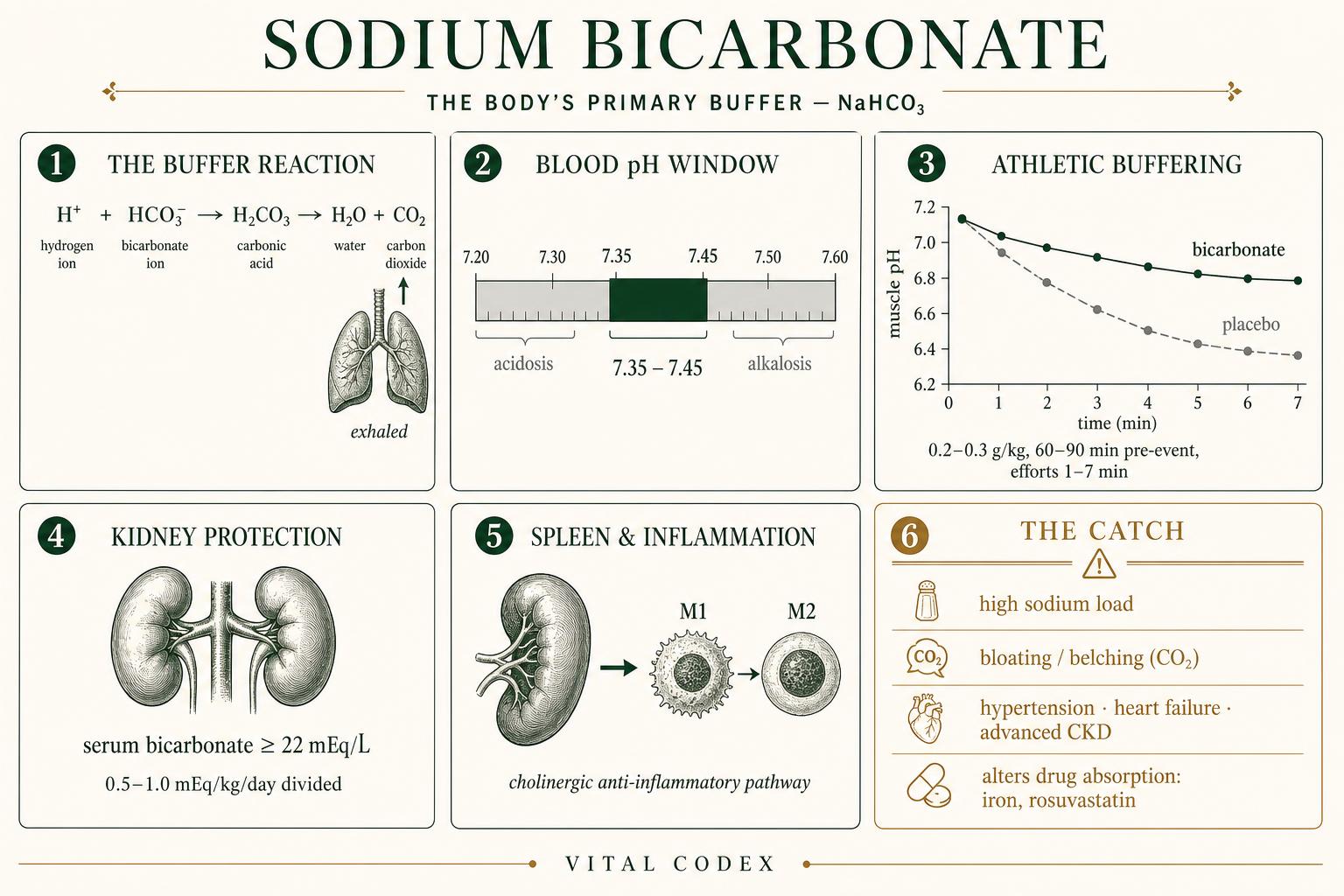 Plate — the buffer reaction, the blood pH window, athletic buffering, kidney protection, the spleen pathway, and the safety limits of sodium bicarbonate
