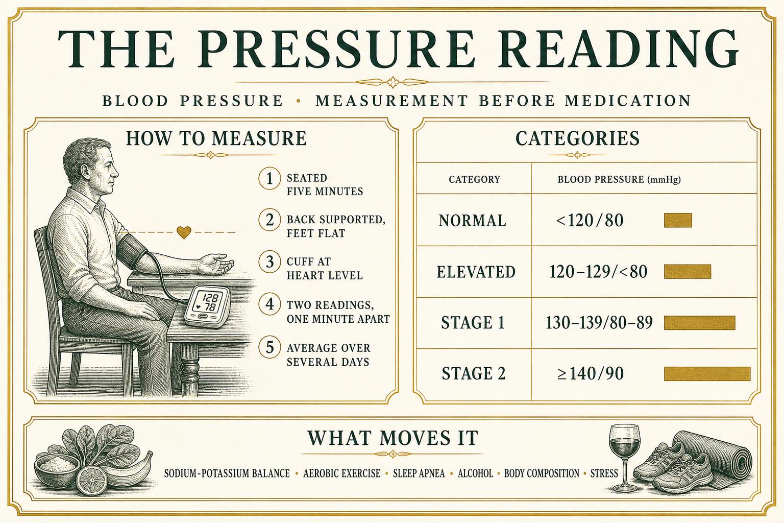 Infographic showing correct home blood-pressure measurement technique, the four pressure categories and the lifestyle inputs that move readings