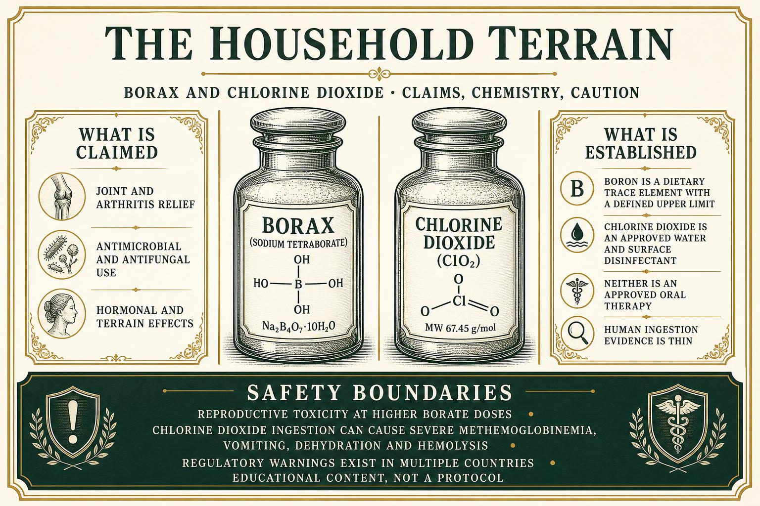Infographic contrasting claims made for borax and chlorine dioxide with established chemistry and documented safety boundaries