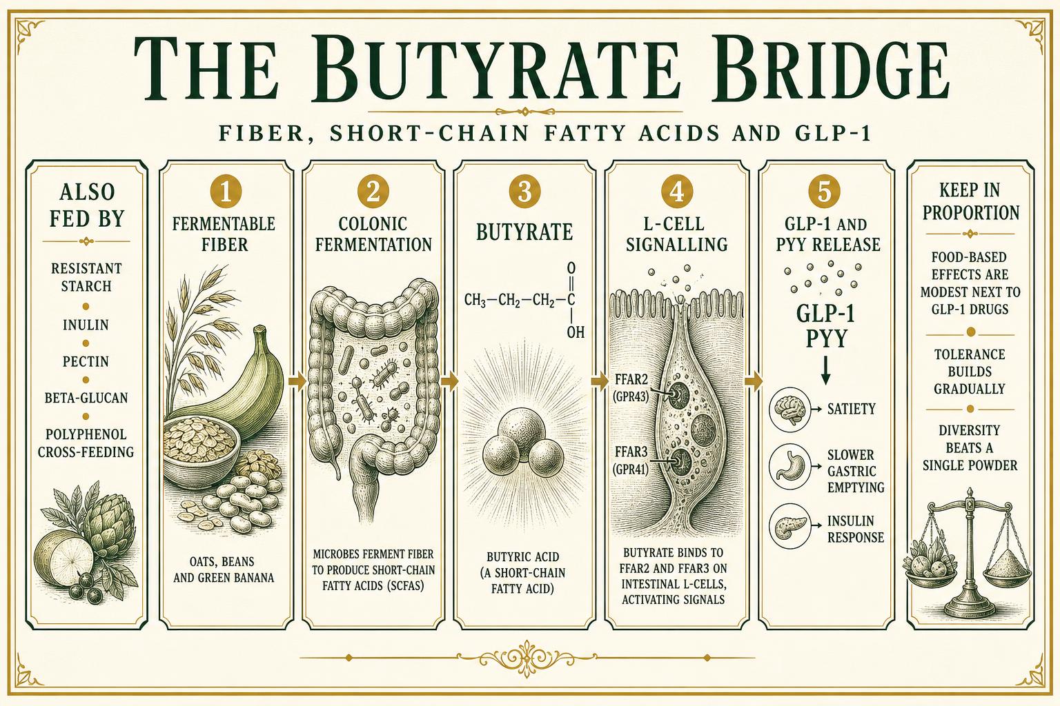 Infographic tracing fermentable fiber through colonic fermentation to butyrate, L-cell receptor signalling and GLP-1 and PYY release