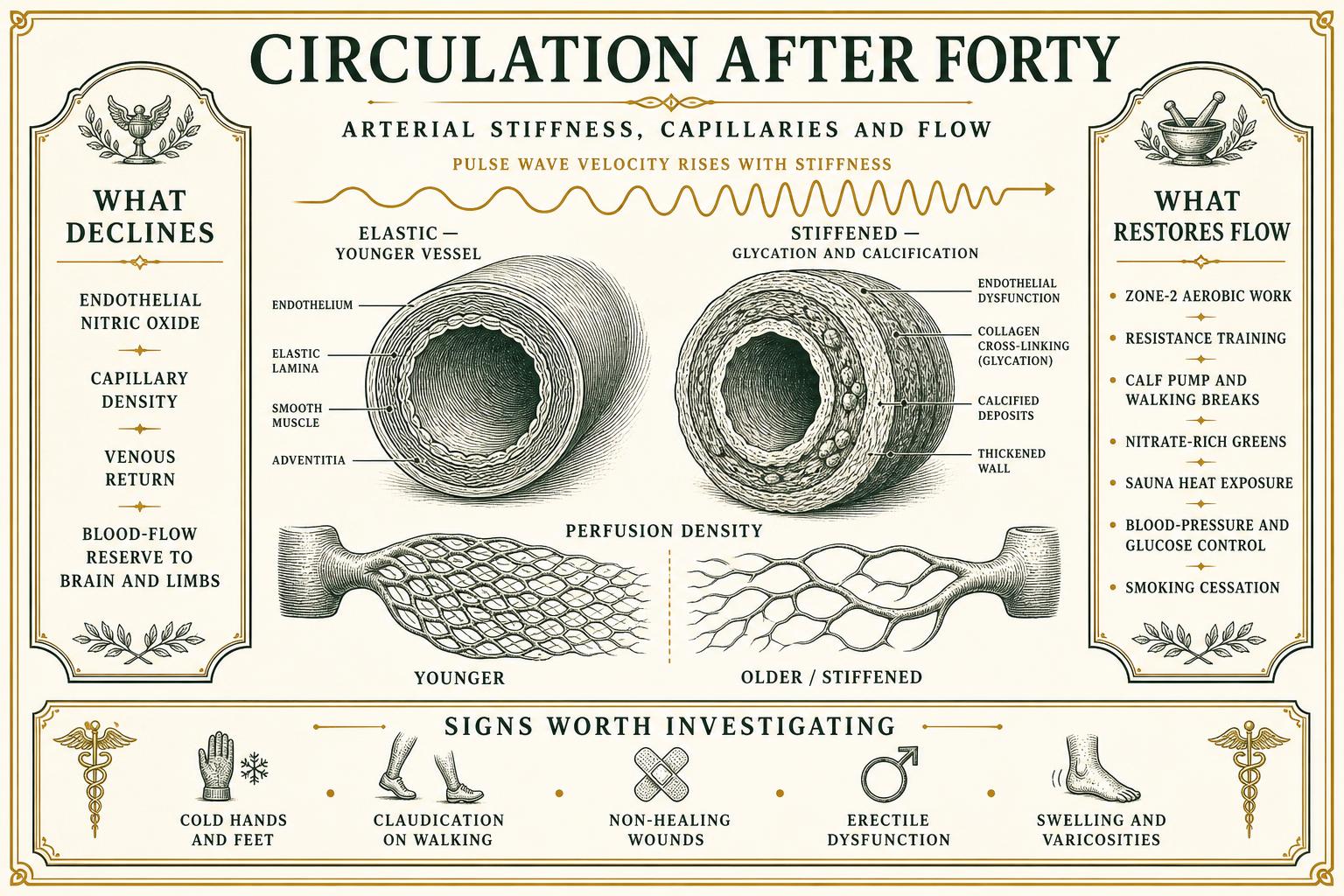 Infographic comparing an elastic younger artery with a stiffened calcified vessel, capillary perfusion density, and what restores flow