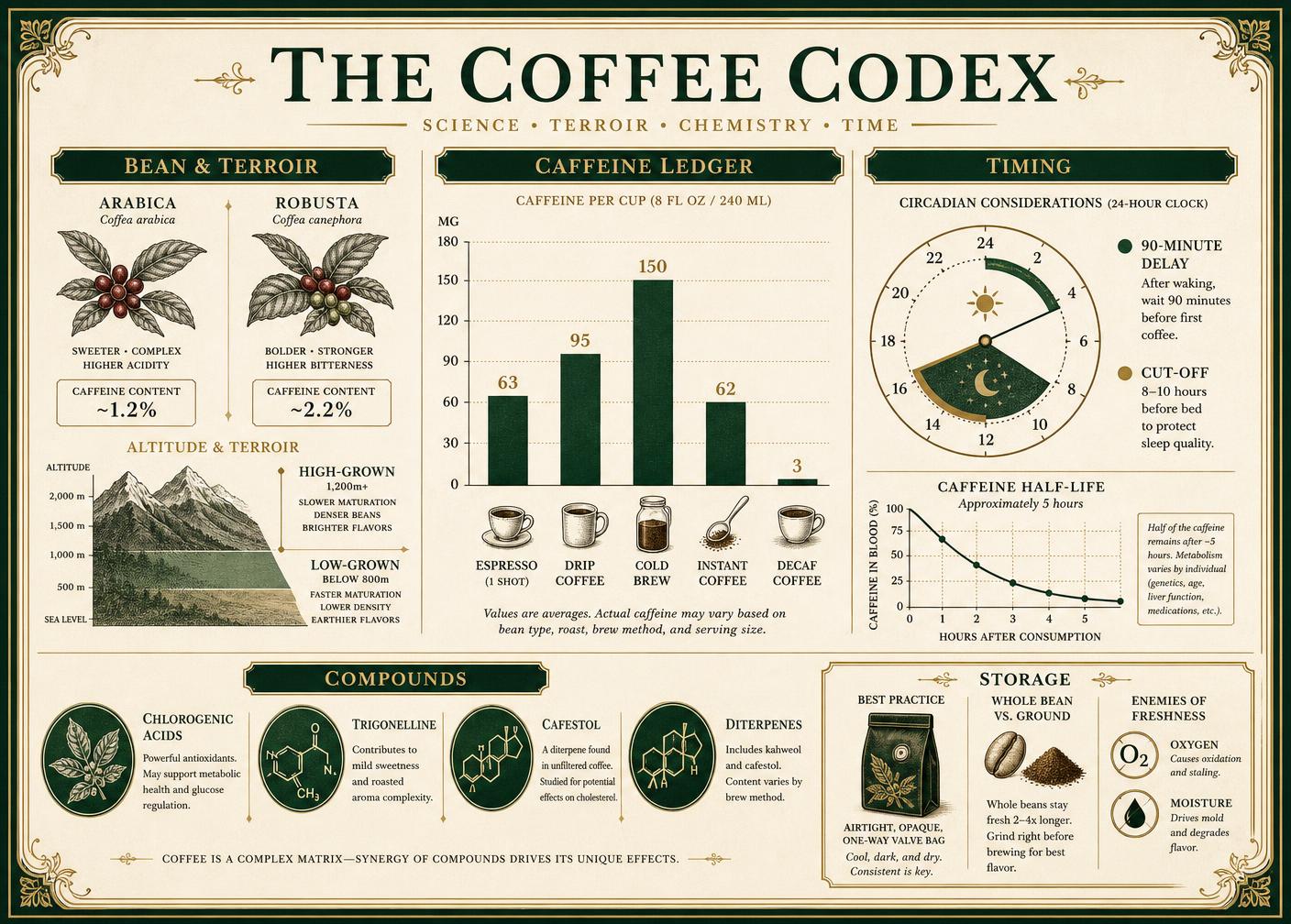 Editorial infographic plate comparing Arabica and Robusta caffeine content, altitude effects, caffeine per cup by brew method, circadian timing, half-life decay, key coffee compounds, and storage practice.