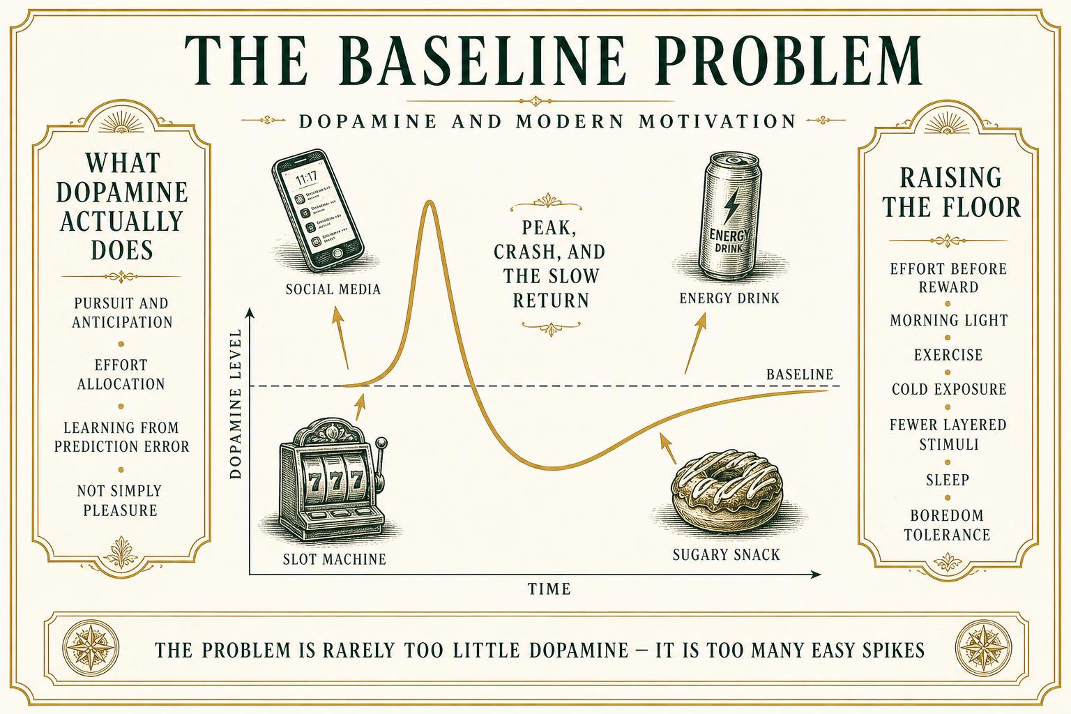 Infographic showing a dopamine spike followed by a dip below baseline and slow recovery, with the modern triggers that drive it and ways to raise the baseline