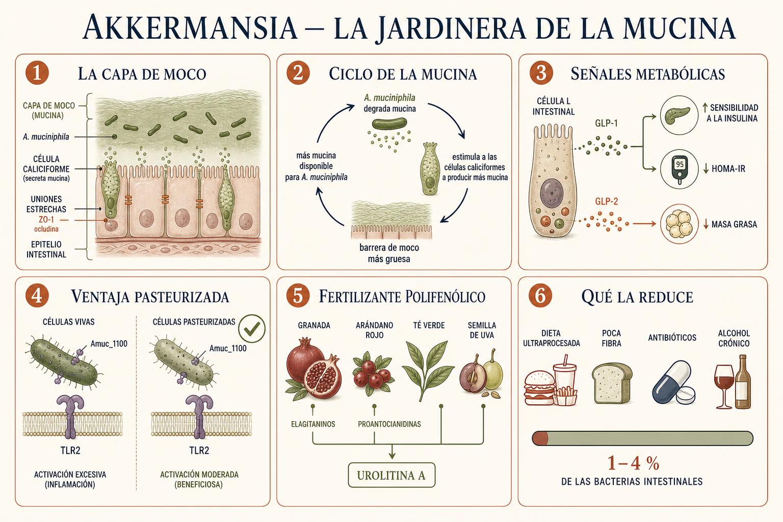 Lámina infográfica editorial que muestra un corte de la pared intestinal con Akkermansia muciniphila habitando la capa de mucina sobre las células caliciformes y las uniones estrechas ZO-1 y ocludina, el ciclo circular en el que la degradación de mucina estimula a las células caliciformes a secretar más moco, una célula L intestinal liberando GLP-1 y GLP-2 con la sensibilidad a la insulina en aumento y el HOMA-IR y…