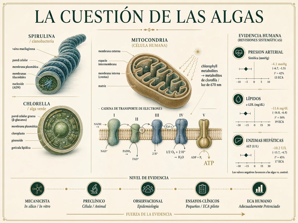 Infografía editorial que compara la estructura celular de la espirulina y la chlorella con una mitocondria humana y la cadena de transporte de electrones, junto con estimaciones de efecto de ensayos en humanos sobre presión arterial, lípidos y enzimas hepáticas