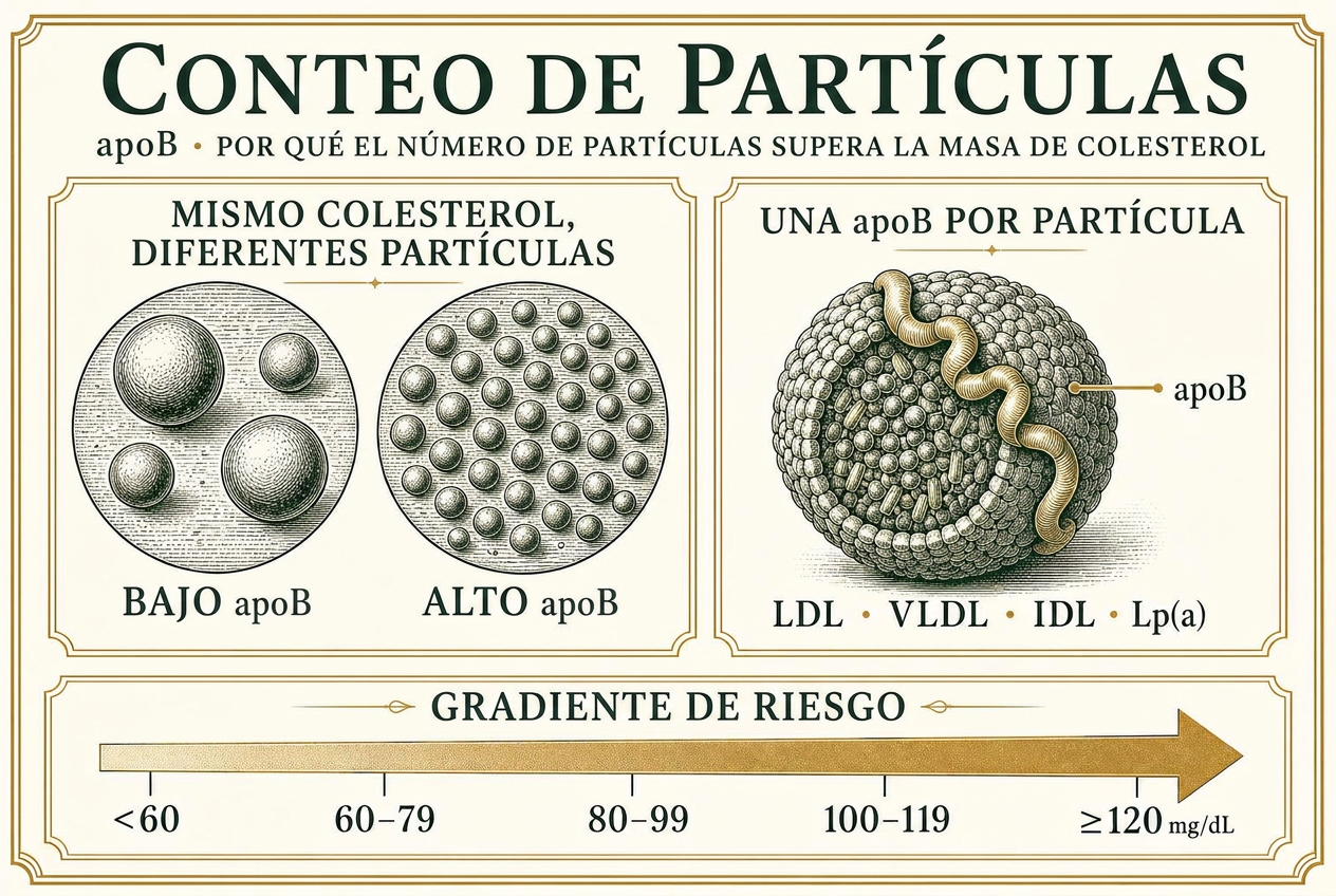 Infografía que compara la misma cantidad de colesterol transportado en pocas partículas grandes frente a muchas partículas pequeñas de lipoproteína, con una apoB por partícula y una escala de gradiente de riesgo