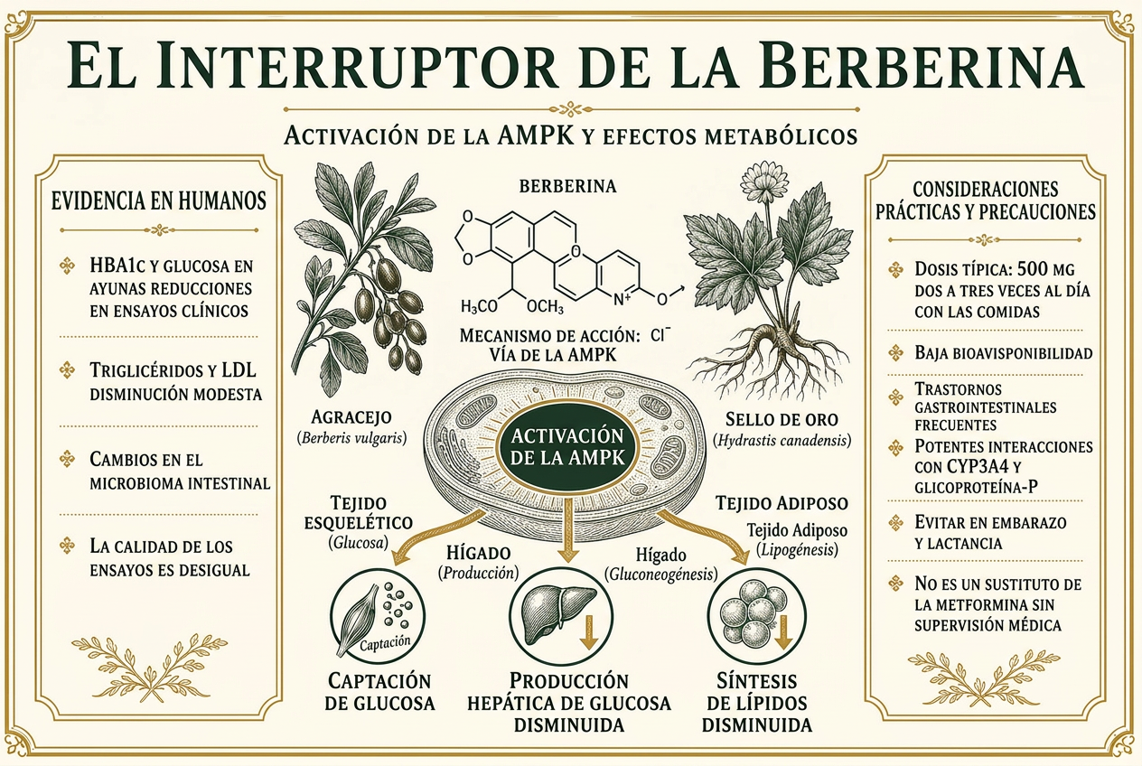 Infografía de la berberina activando AMPK con efectos posteriores sobre la captación de glucosa, la producción hepática de glucosa y la síntesis de lípidos, más precauciones