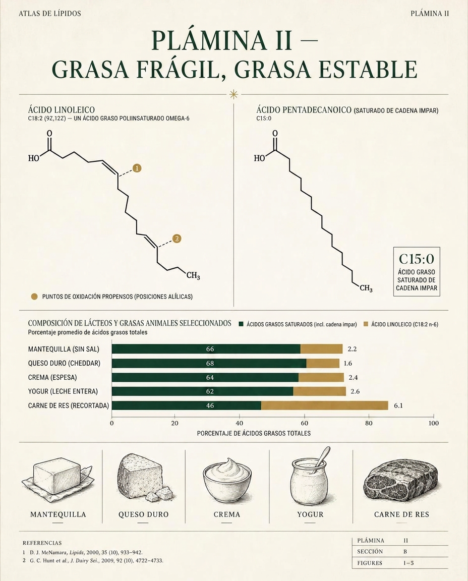 Infografía editorial que compara clases de grasas, el equilibrio omega-6 y omega-3, la composición de las membranas y la estabilidad de cocción según el punto de humo