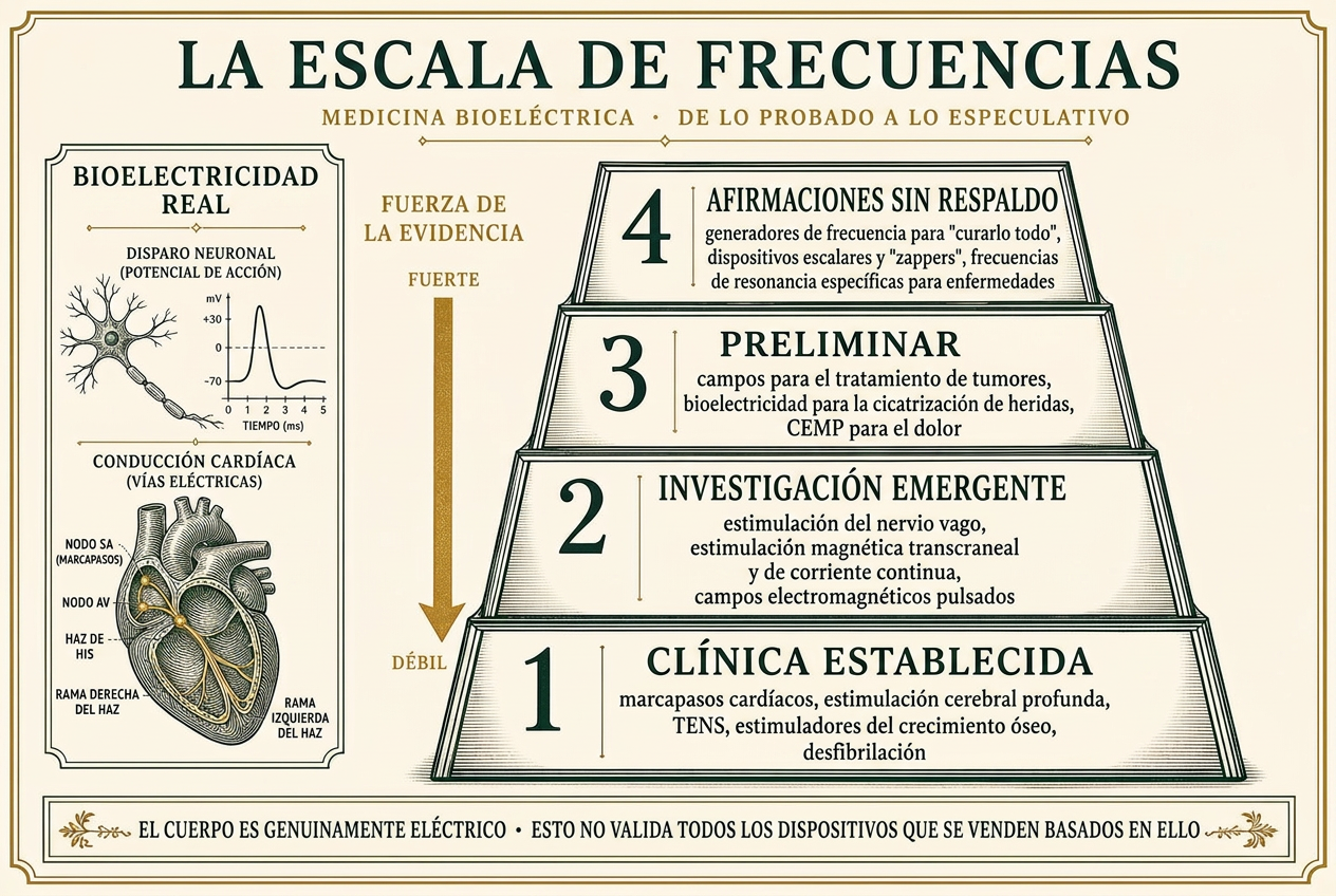 Escala de evidencia de cuatro niveles para la medicina bioeléctrica, desde dispositivos clínicos establecidos hasta afirmaciones de frecuencia sin respaldo