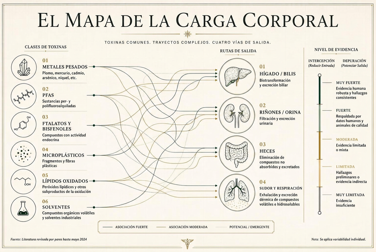 Infografía que asocia las clases de toxinas con sus vías de eliminación, con niveles de evidencia para estrategias de intercepción y eliminación