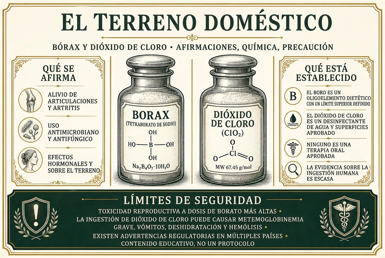 Infografía que contrasta las afirmaciones hechas sobre el bórax y el dióxido de cloro con la química establecida y los límites de seguridad documentados
