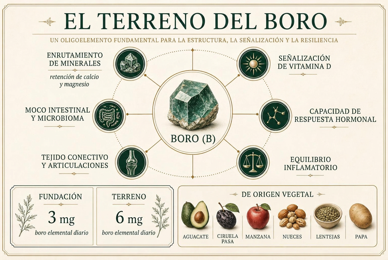 Infografía editorial sobre el boro: fuentes dietéticas, efectos en hueso y hormonas, señales articulares e inflamatorias, y rangos de ingesta segura