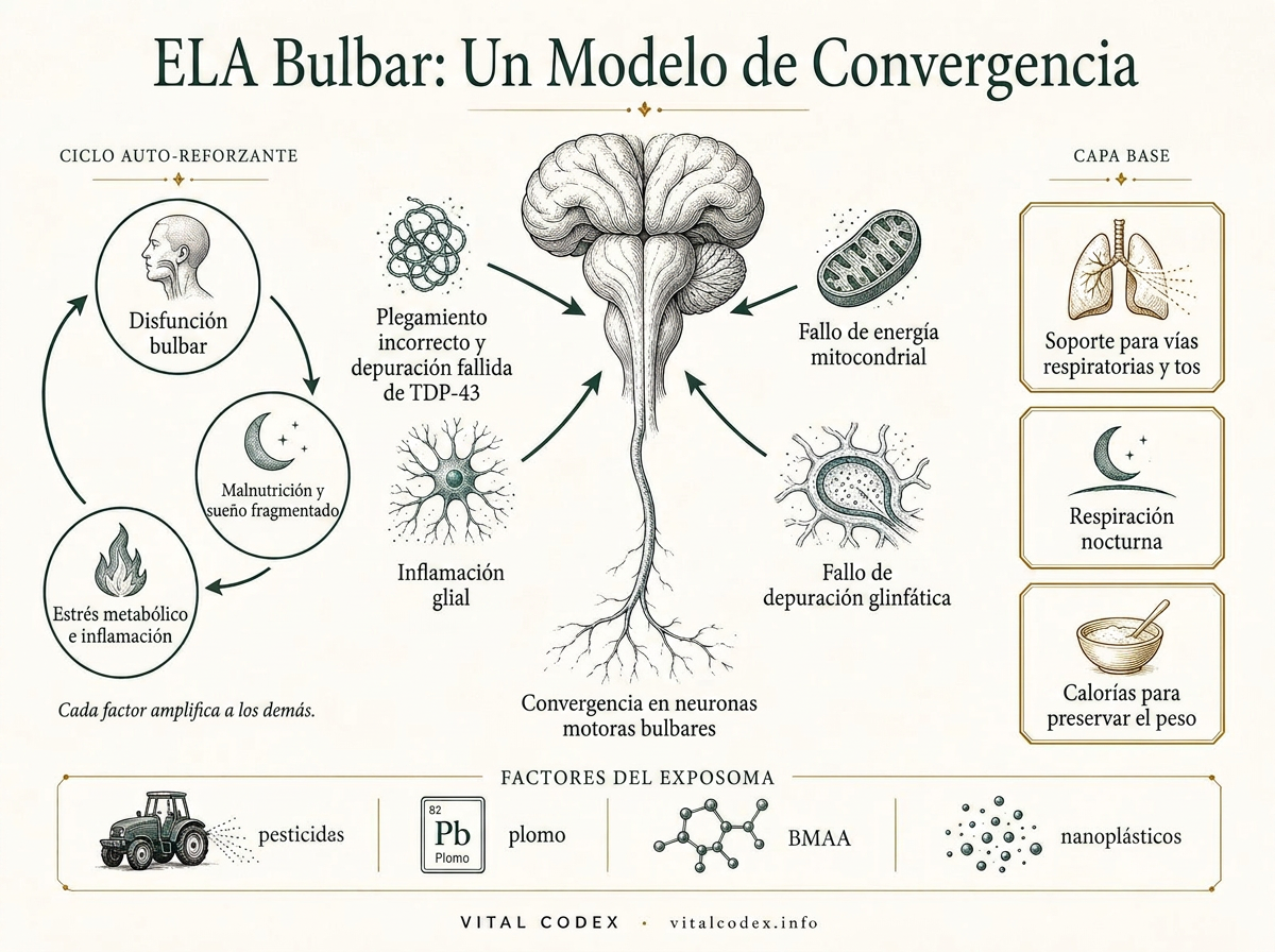 Infografía editorial que muestra la ELA bulbar como una convergencia de mal plegamiento de TDP-43, falla energética mitocondrial, inflamación glial y falla de depuración glinfática, con un bucle de autorrefuerzo, prioridades de capa base y factores del exposoma.