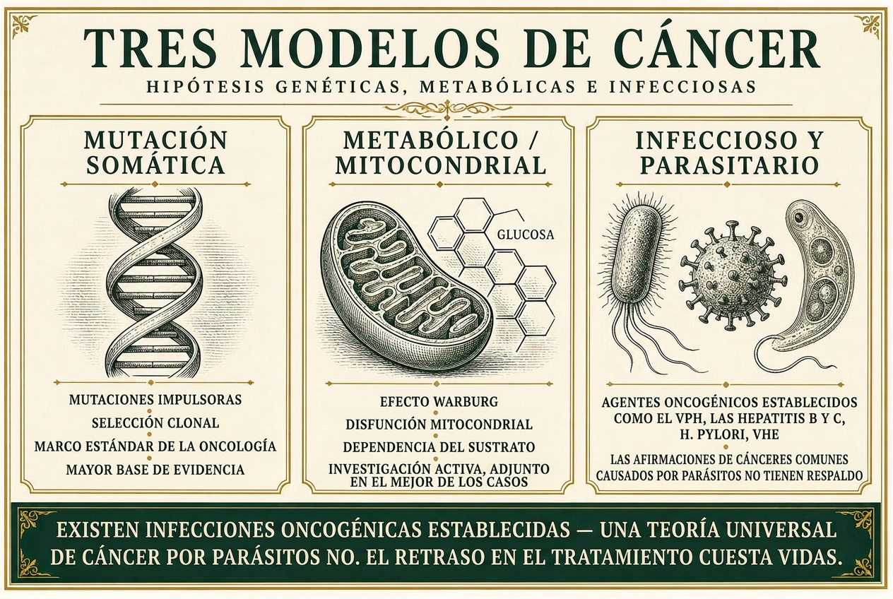 Infografía que compara los modelos de mutación somática, metabólico-mitocondrial e infeccioso del cáncer con su estado de evidencia