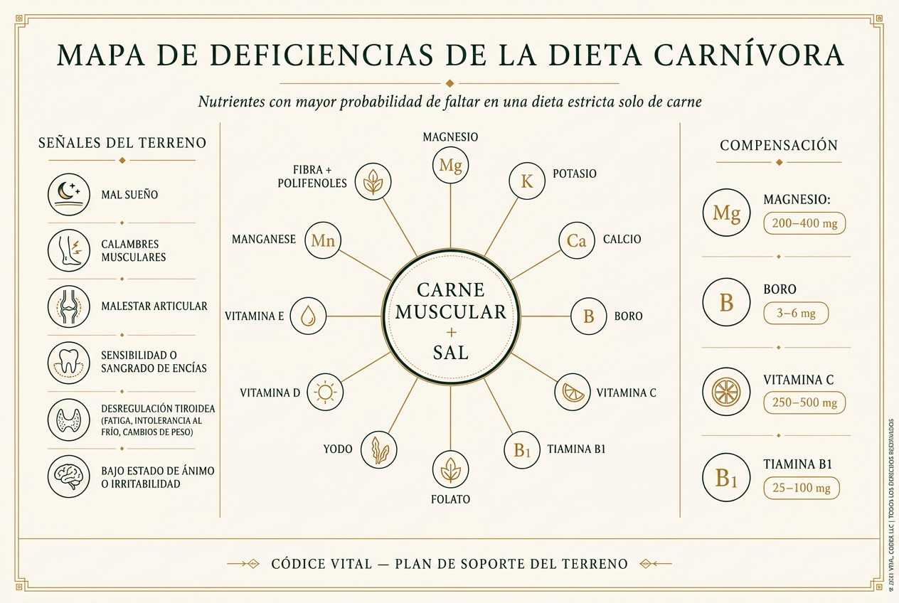 Infografía editorial que mapea doce nutrientes con mayor probabilidad de escasez en una dieta carnívora estricta, con señales de terreno y dosis de compensación.
