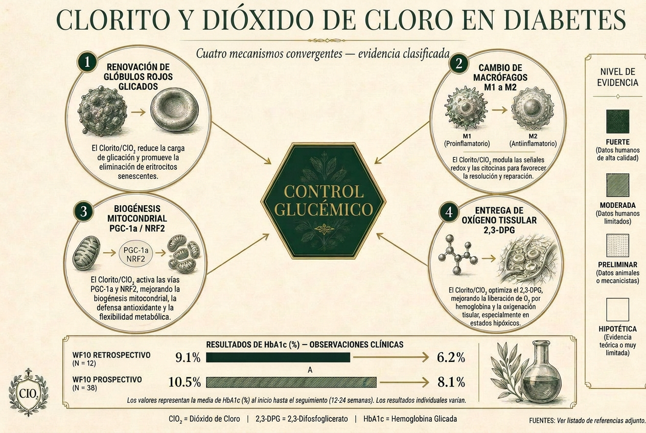 Infografía editorial sobre la investigación en dióxido de cloro y clorito: mecanismos propuestos, el estado de la evidencia humana y límites claros de seguridad