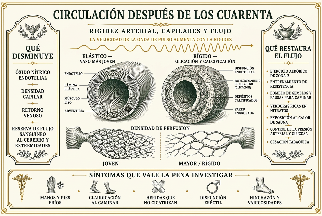 Infografía que compara una arteria joven y elástica con un vaso rígido y calcificado, la densidad de perfusión capilar, y qué restaura el flujo