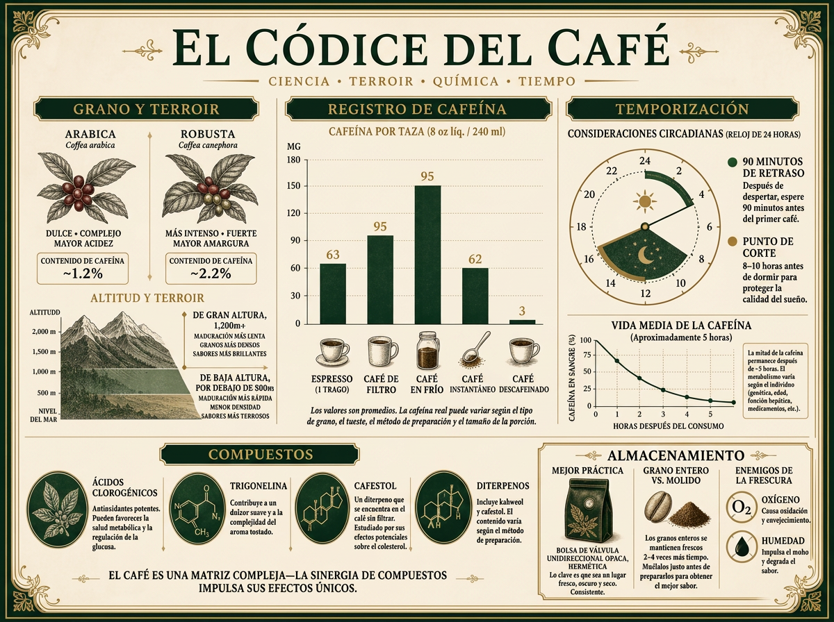 Lámina editorial que compara el contenido de cafeína de Arábica y Robusta, los efectos de la altitud, la cafeína por taza según el método de preparación, el momento circadiano, la caída de la vida media, los compuestos clave del café y las prácticas de almacenamiento.
