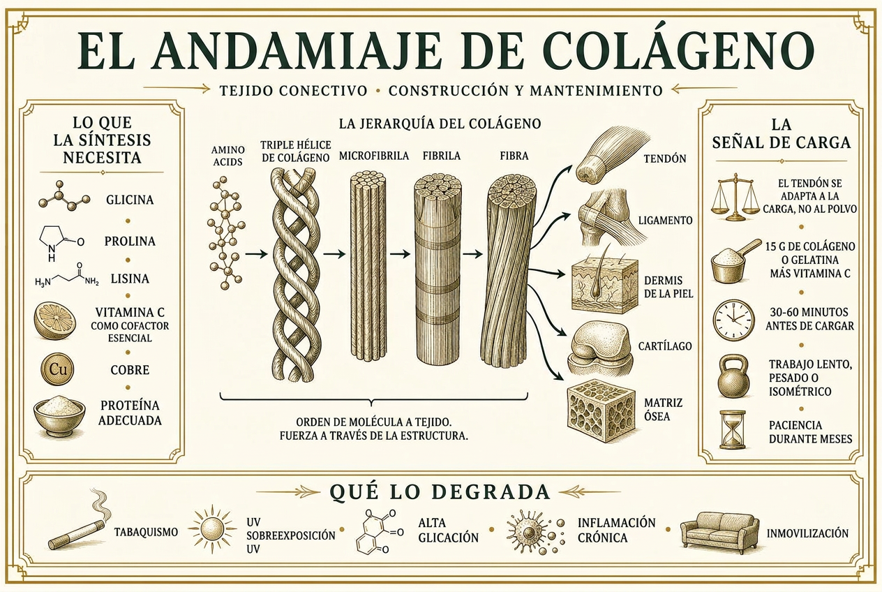 Infografía de la jerarquía del colágeno, desde la triple hélice hasta la fibra, pasando por tendón, ligamento, piel, cartílago y hueso, con los cofactores de síntesis y la señal de carga