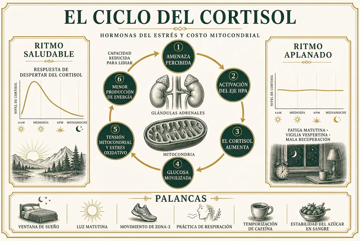 Infografía del circuito del cortisol, desde la amenaza percibida hasta la activación del eje HPA y la movilización de glucosa, hasta el estrés mitocondrial, con ritmos diarios sanos versus aplanados