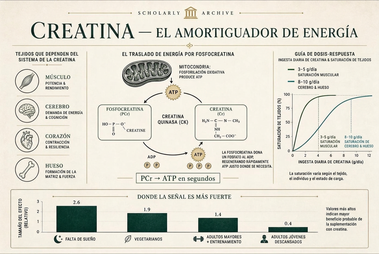 Infografía editorial sobre la creatina más allá del músculo: el sistema energético de fosfocreatina, efectos cerebrales y mitocondriales, y dosificación práctica