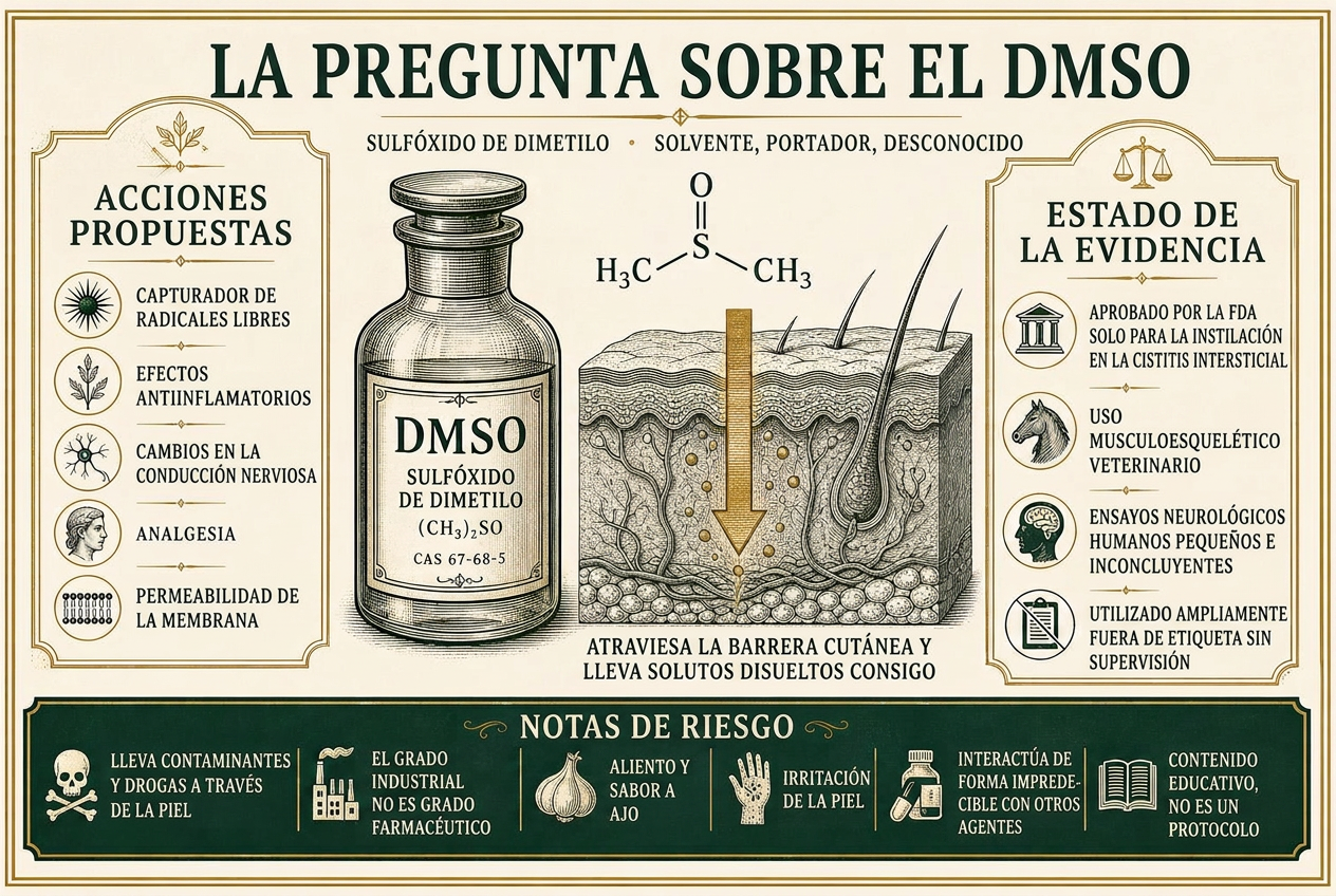 Infografía del DMSO cruzando la barrera cutánea con acciones propuestas, usos aprobados y notas de riesgo documentadas
