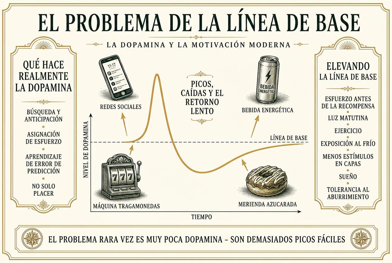 Infografía que muestra un pico de dopamina seguido de una caída por debajo del nivel basal y una recuperación lenta, con los detonantes modernos que lo provocan y las formas de elevar el nivel basal