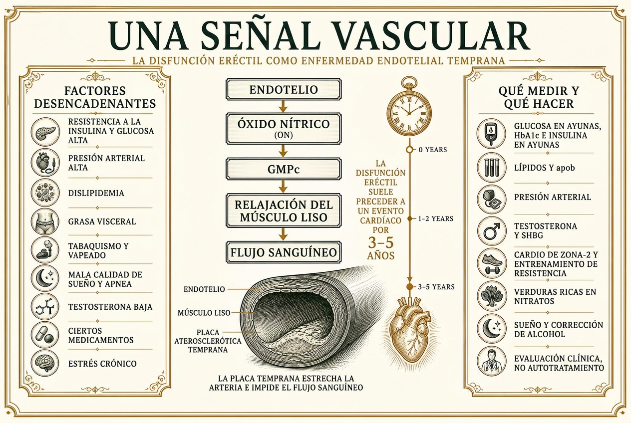 Infografía de la vía del óxido nítrico con los factores metabólicos que la determinan y las pruebas e intervenciones que los abordan