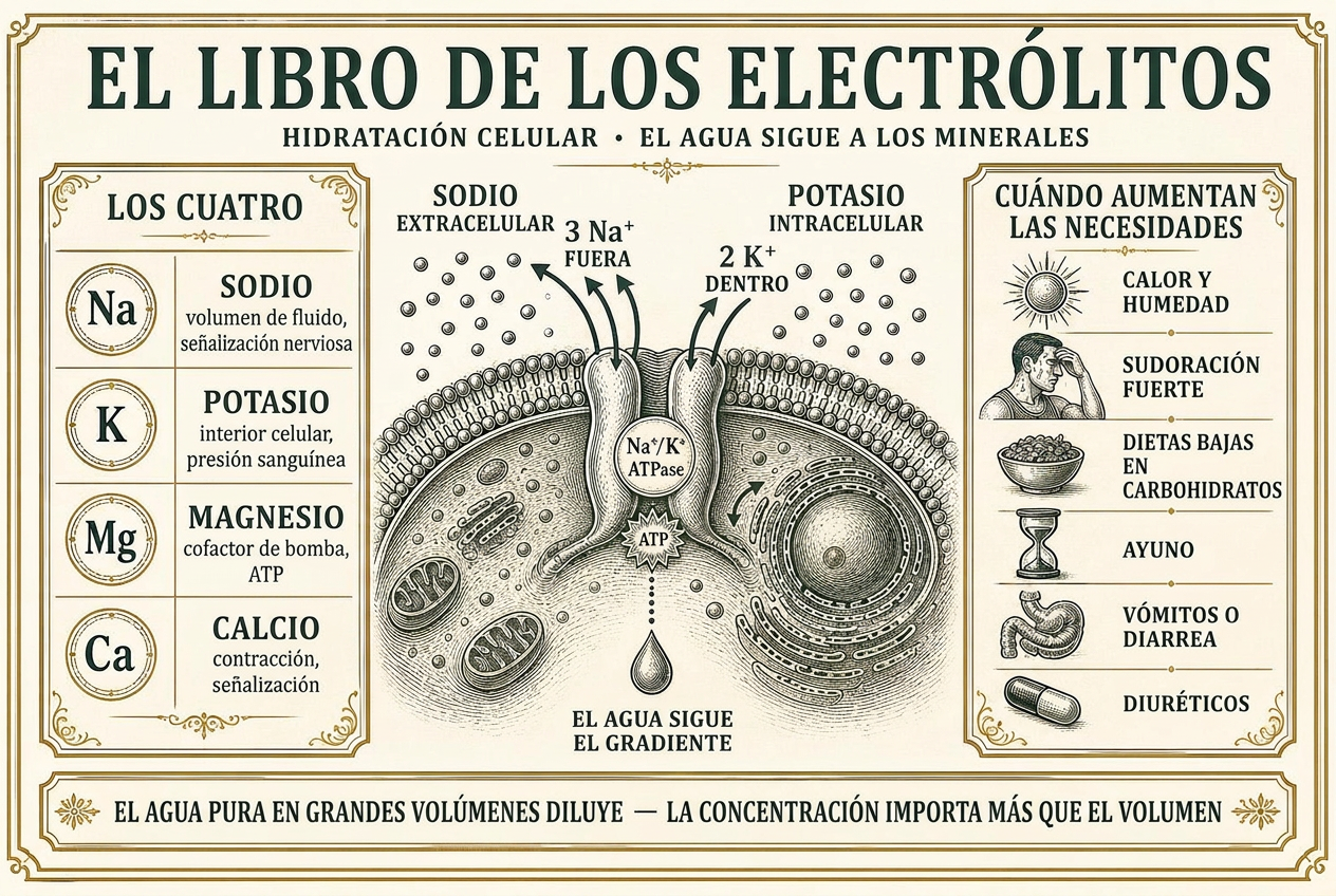 Lámina editorial de la bomba sodio-potasio moviendo iones a través de la membrana celular con los cuatro electrolitos clave y las condiciones que elevan los requerimientos