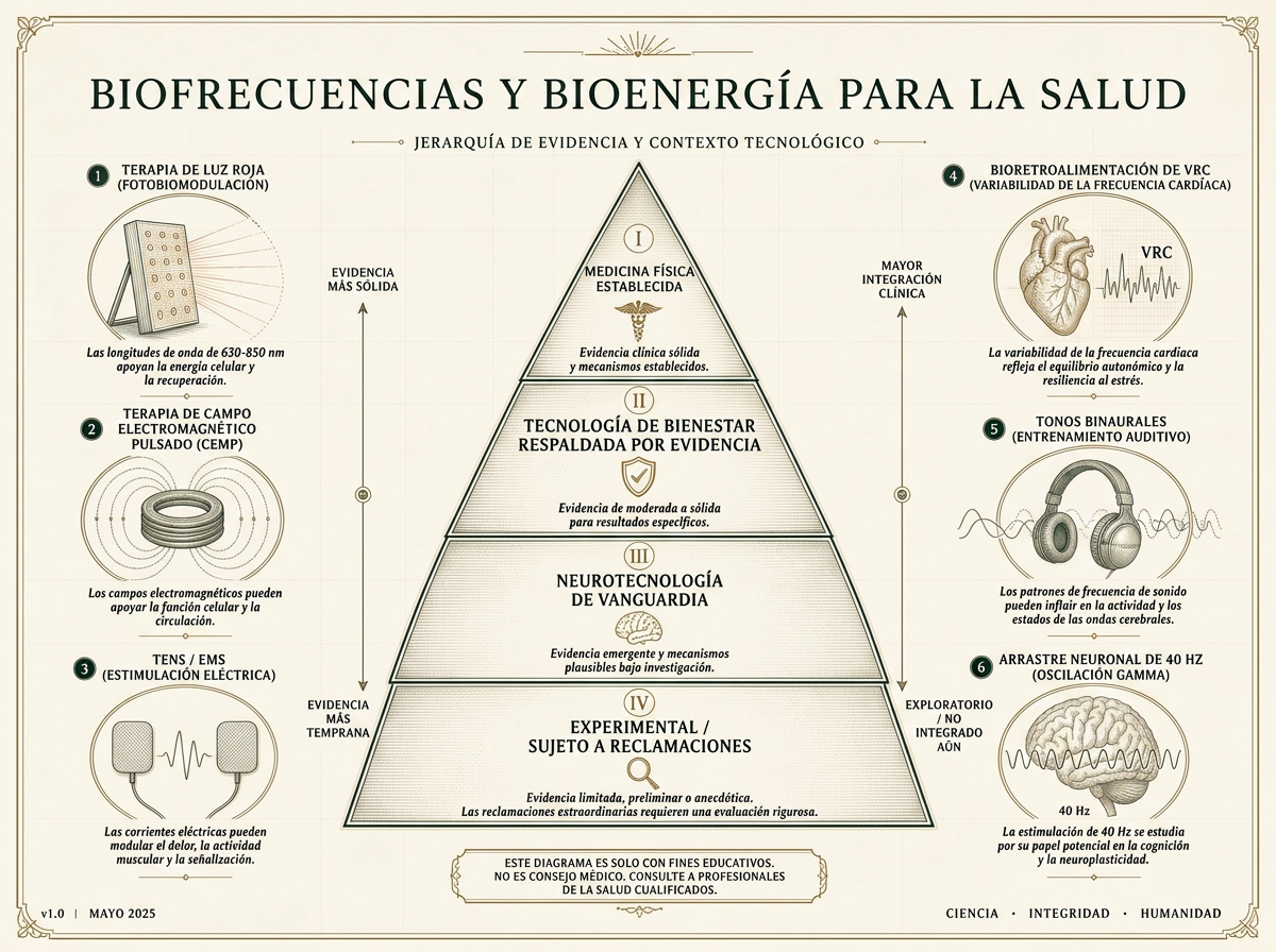 Infografía editorial que mapea las terapias de frecuencia y bioeléctricas por mecanismo y fuerza de la evidencia, desde dispositivos establecidos hasta afirmaciones especulativas