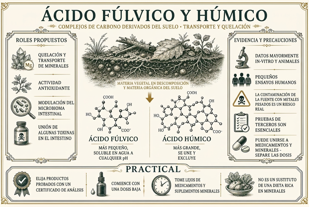 Infografía de las estructuras de los ácidos fúlvico y húmico a partir de la materia orgánica del suelo con funciones propuestas, límites de evidencia y precauciones por contaminación
