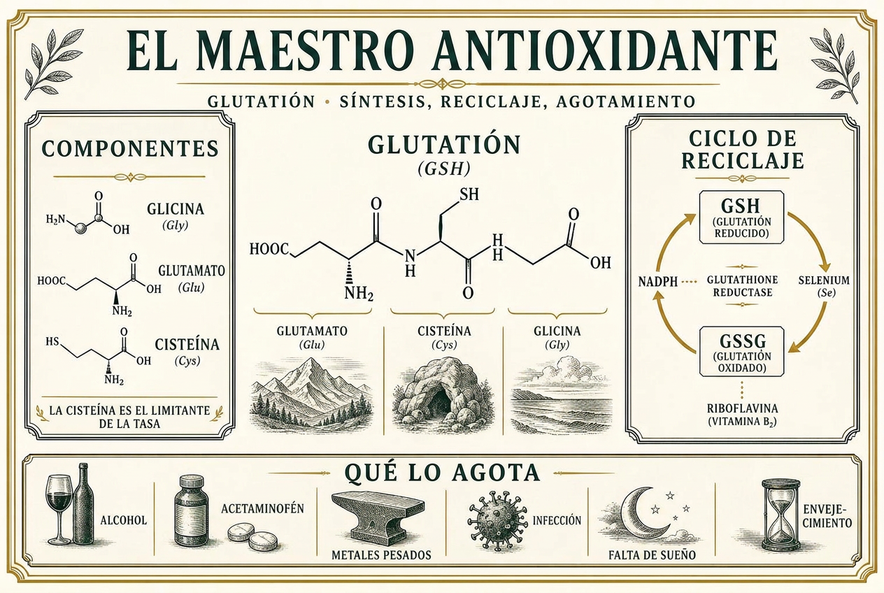 Infografía de la estructura del glutatión, sus tres aminoácidos constituyentes, el ciclo de reciclaje GSH a GSSG y las presiones comunes de depleción