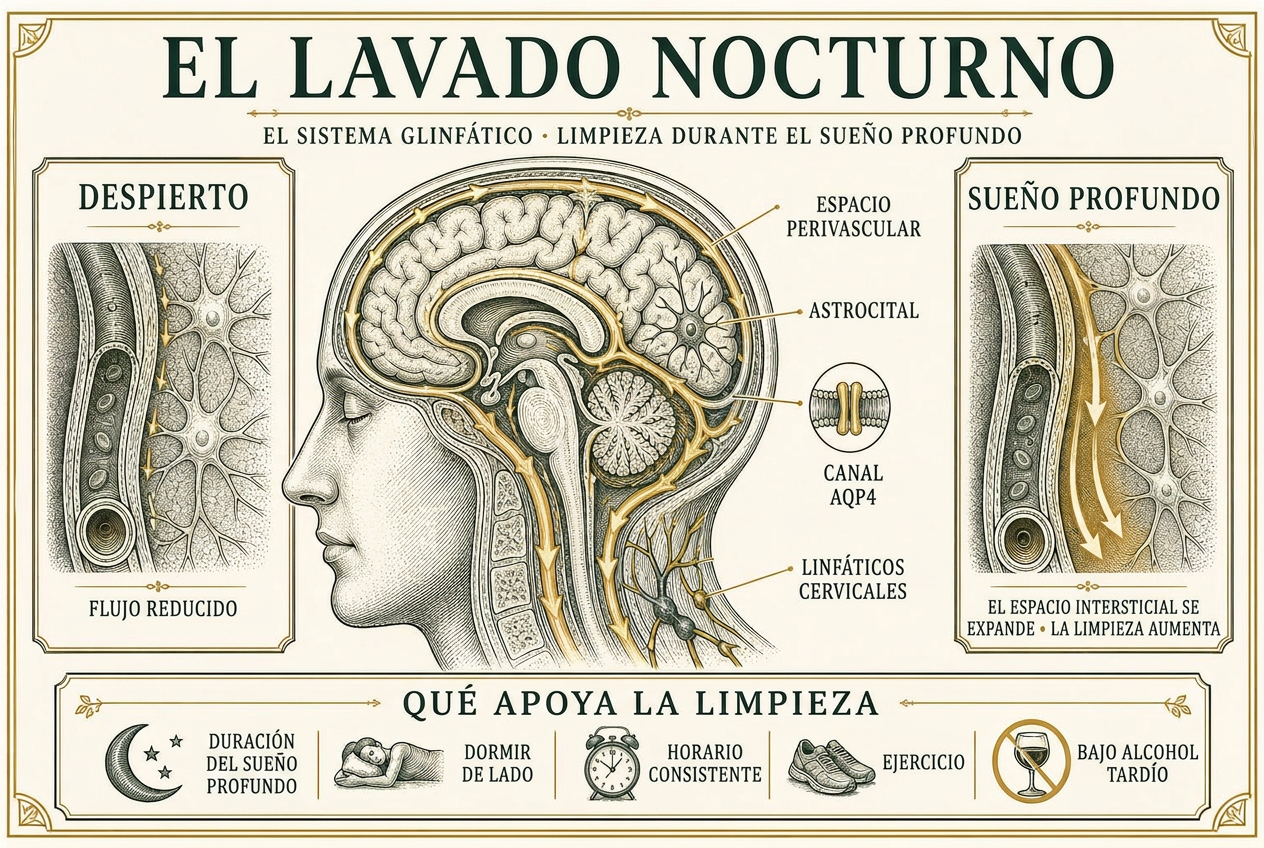 Infografía del sistema glinfático cerebral que muestra el flujo de líquido cefalorraquídeo a lo largo de los espacios perivasculares, contrastando el flujo reducido en vigilia con la eliminación ampliada durante el sueño profundo