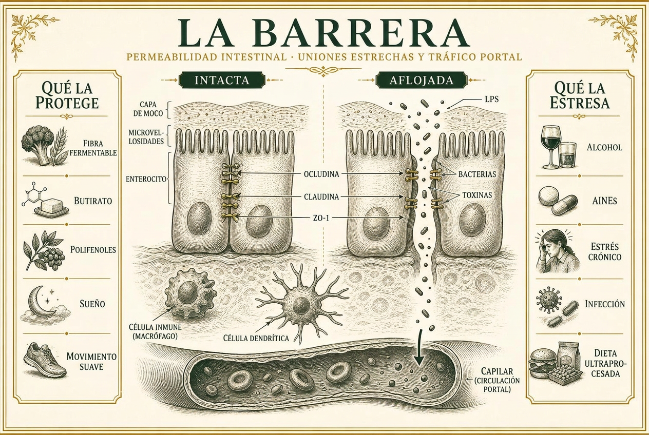 Infografía que compara uniones estrechas intestinales intactas y debilitadas, mostrando las proteínas ocludina, claudina y ZO-1, y el LPS cruzando hacia la circulación portal