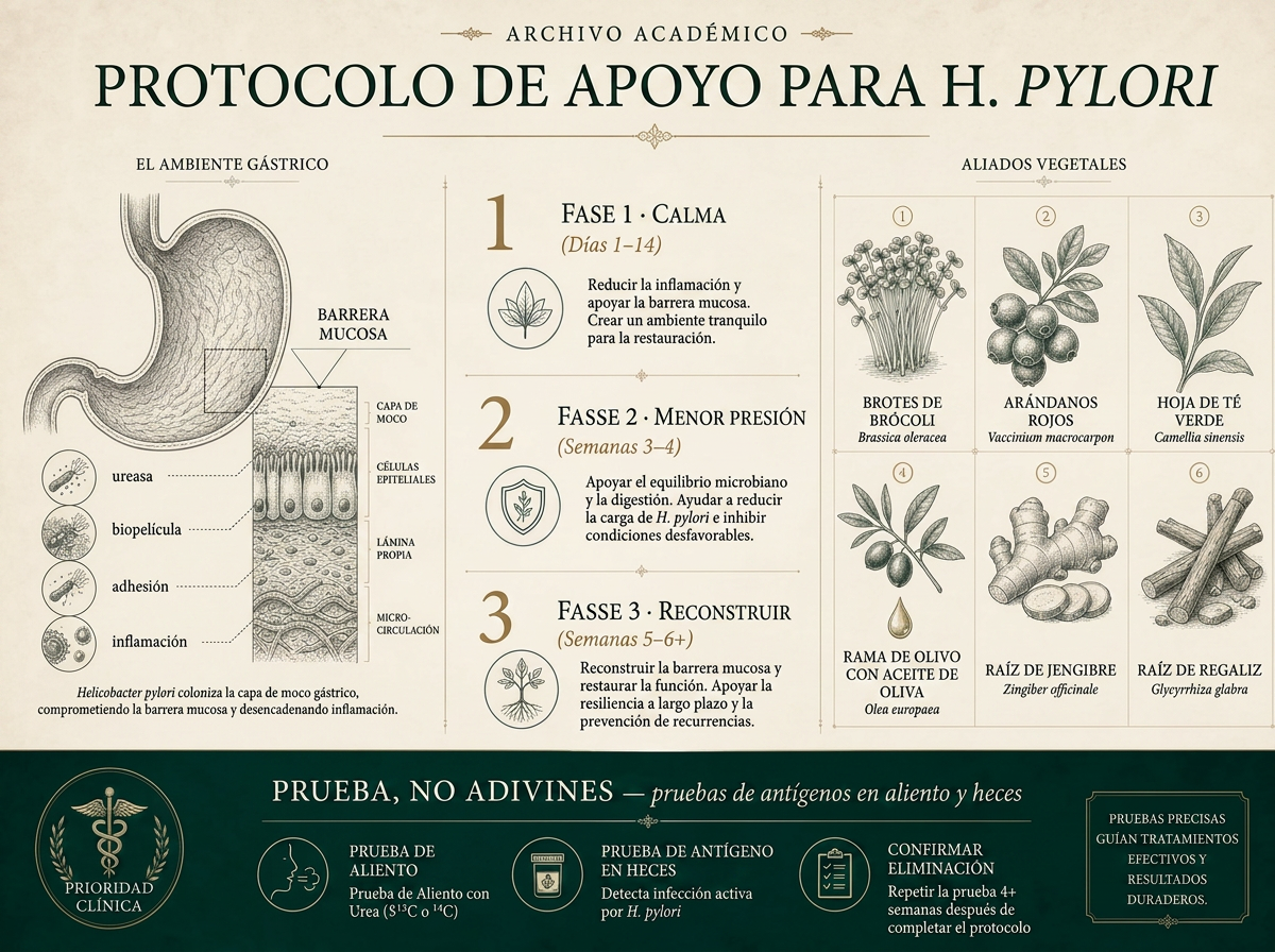 Infografía editorial sobre Helicobacter pylori: opciones de diagnóstico, terapia de erradicación estándar, botánicos complementarios y pasos de recuperación de la mucosa gástrica
