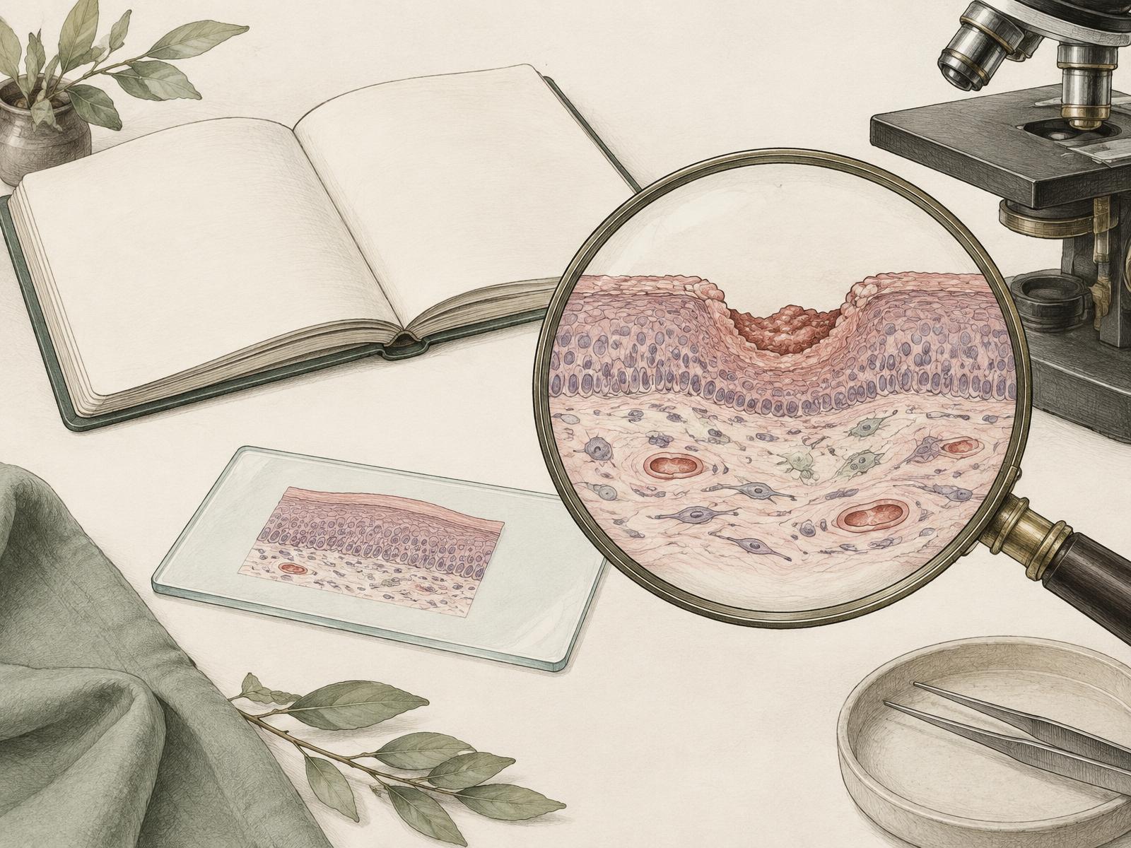 Cuaderno de investigación, microscopio y lupa grabados que comparan una erosión superficial de la mucosa con tejido intacto, como representación de una pregunta científica