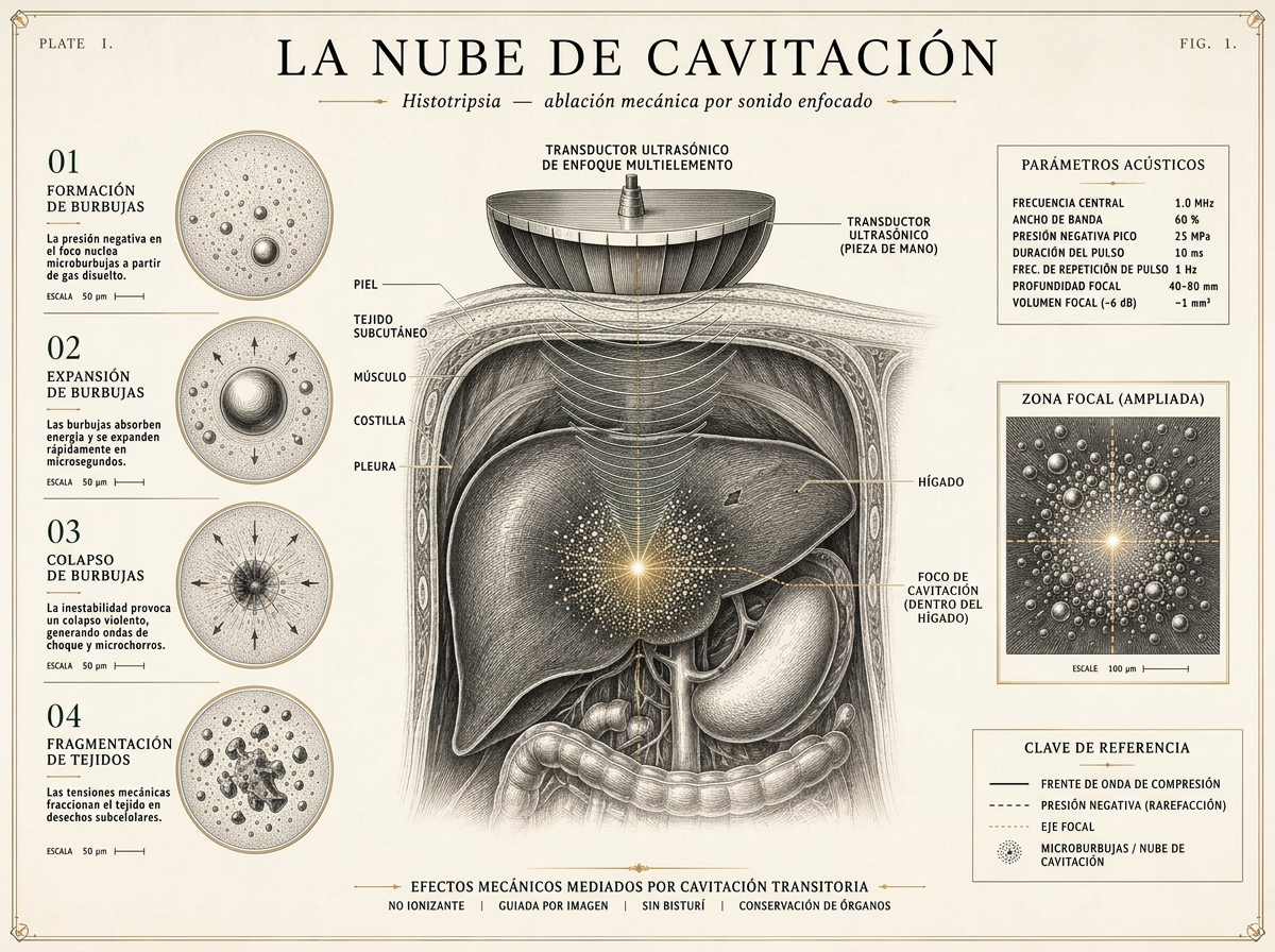 Lámina anatómica grabada que muestra un transductor de ultrasonido focalizado fuera del cuerpo convergiendo ondas sonoras sobre una nube de cavitación dentro del hígado, con cuatro diagramas numerados de dinámica de burbujas.