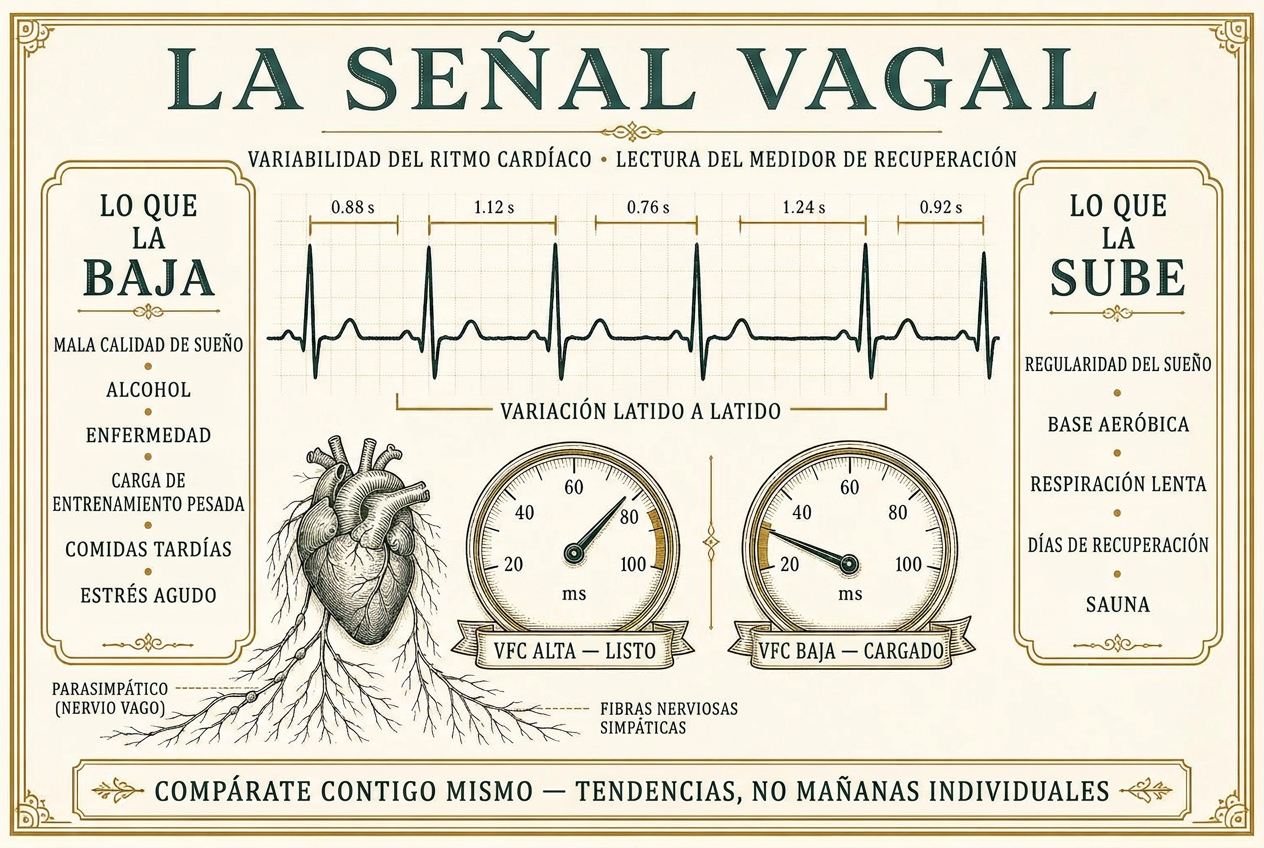 Infografía de un electrocardiograma con intervalos irregulares entre latidos, indicadores de VFC alta y baja, y los factores que la elevan o la reducen