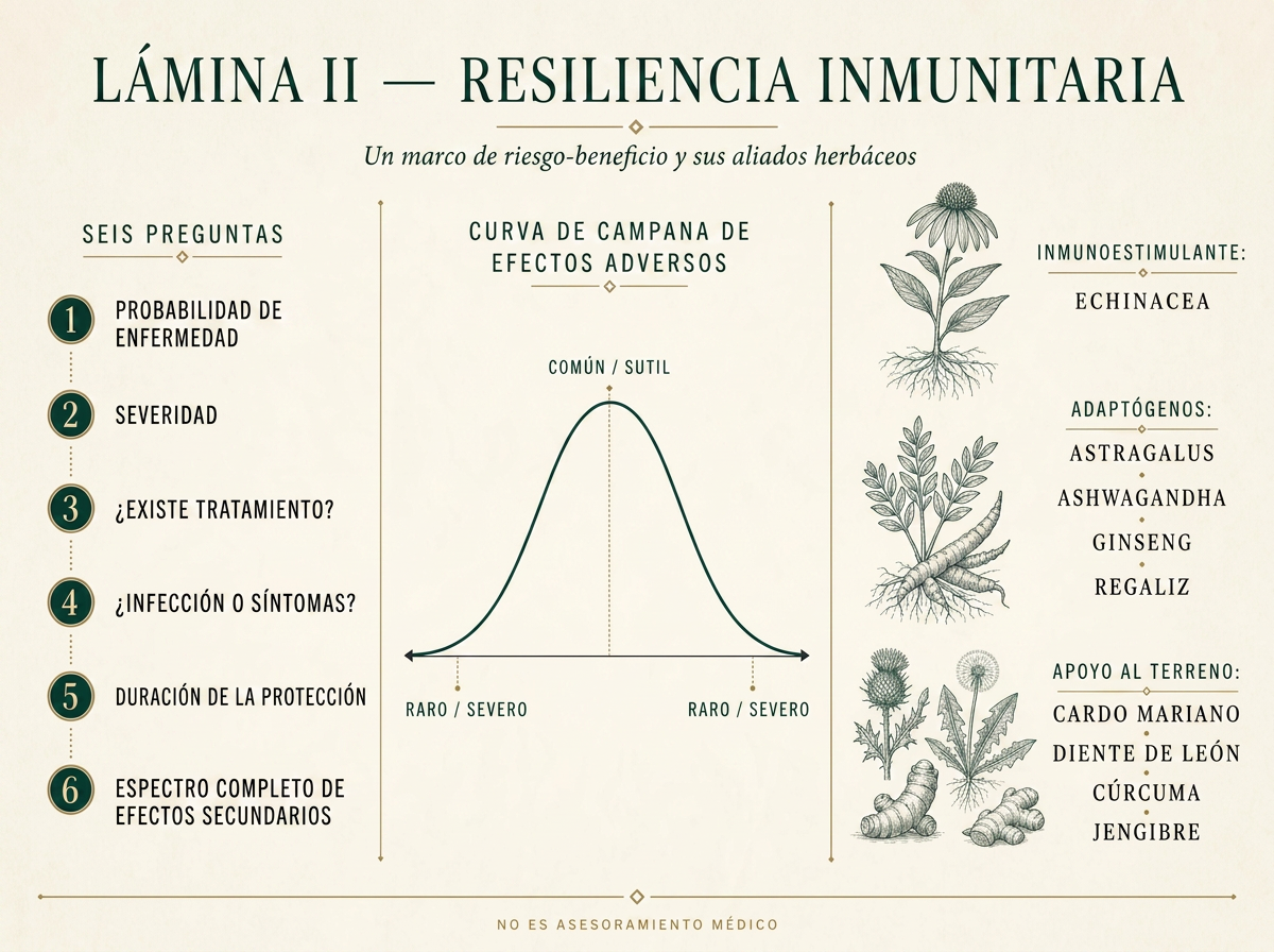 Infografía editorial sobre resiliencia inmune: marco de razonamiento riesgo-beneficio, determinantes inmunes de base y apoyo botánico con niveles de evidencia