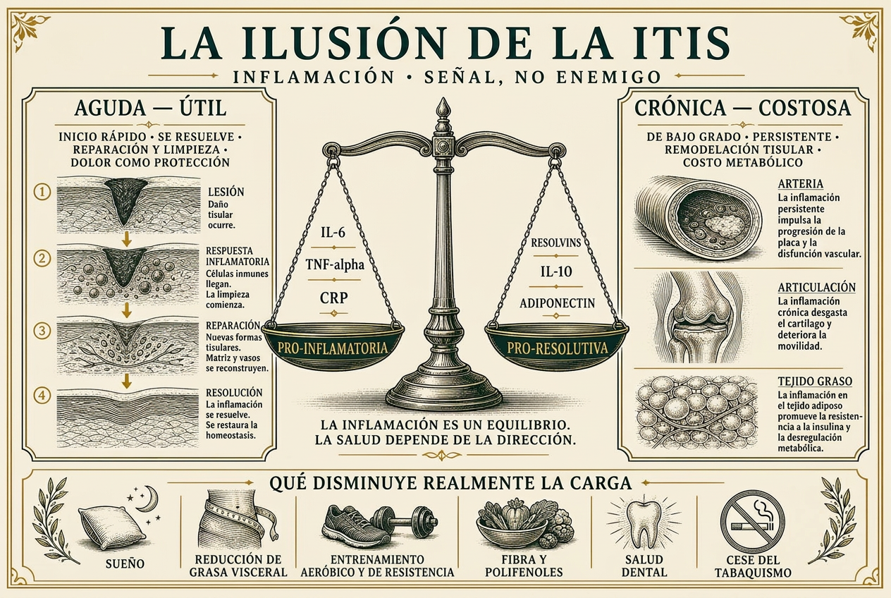 Infografía que contrasta la inflamación aguda útil con la inflamación crónica costosa, equilibrada entre mediadores proinflamatorios y proresolutivos