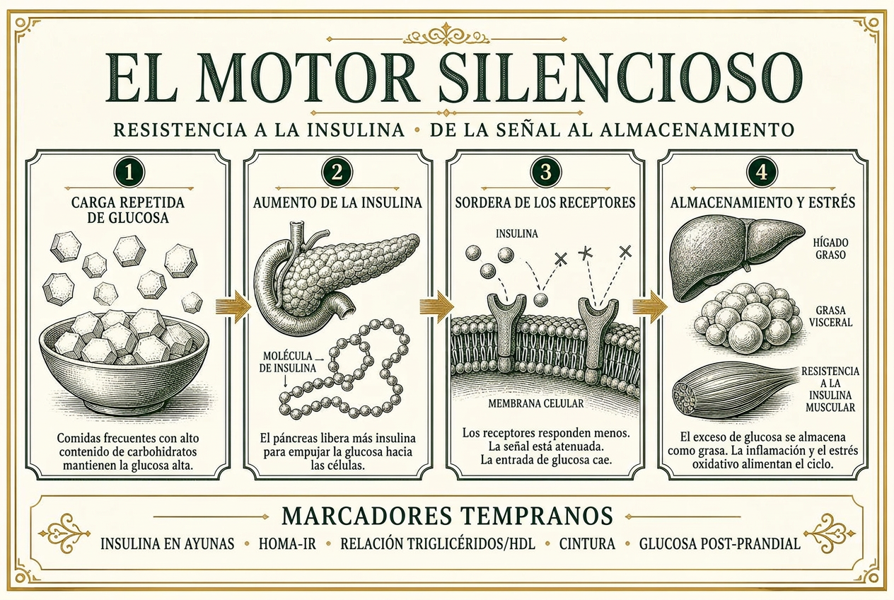 Lámina editorial que traza la resistencia a la insulina desde la carga repetida de glucosa hasta el aumento de insulina, la señalización atenuada del receptor y el almacenamiento de grasa