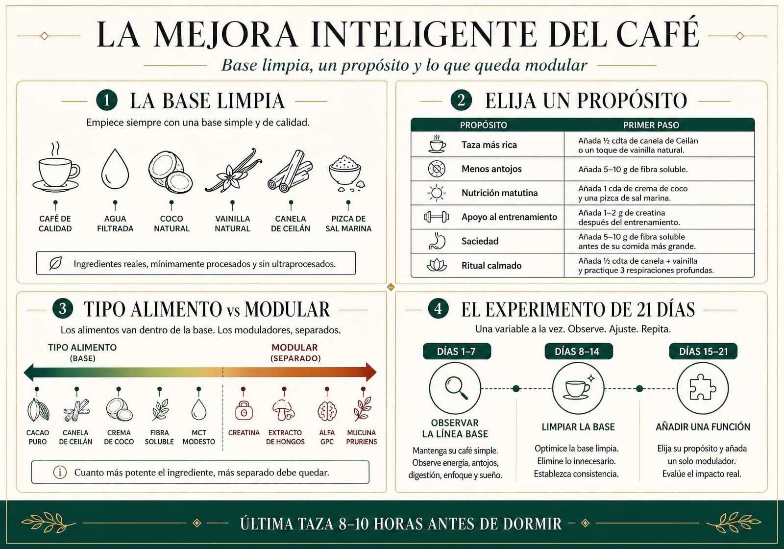 Lámina editorial que mapea la mejora inteligente del café — una base orgánica limpia, un propósito elegido, una matriz de adiciones funcionales que distingue ingredientes tipo alimento de los farmacológicamente activos, cinco plantillas de café, la decisión entre endulzado y sin endulzar, y una cronología de autoexperimento de 21 días.