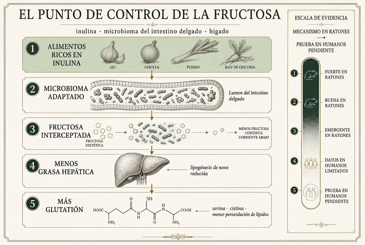 Infografía que traza la fructosa dietética desde el intestino delgado a través de un microbioma adaptado a la inulina hasta una menor síntesis de grasa hepática y una mayor capacidad de glutatión