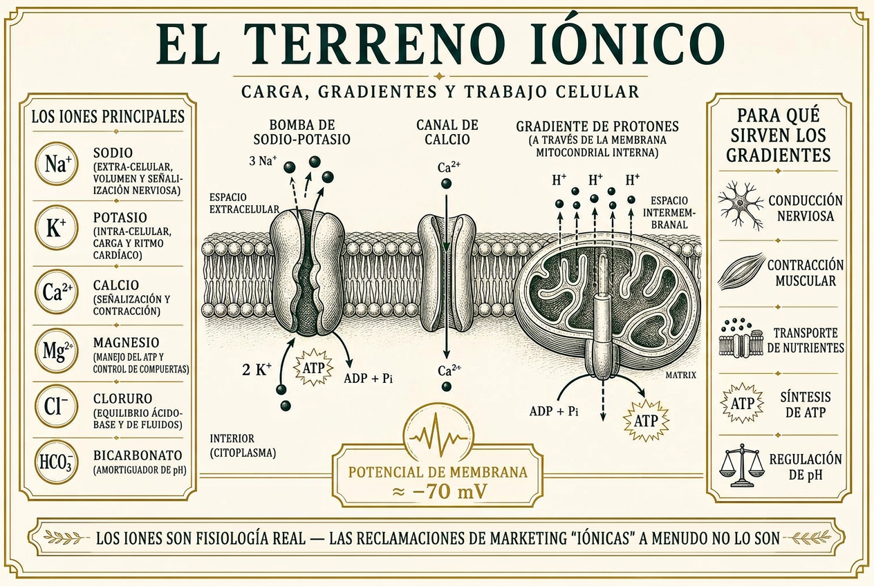 Infografía de bombas y canales iónicos a través de una membrana celular con los principales electrolitos y el trabajo que financian los gradientes