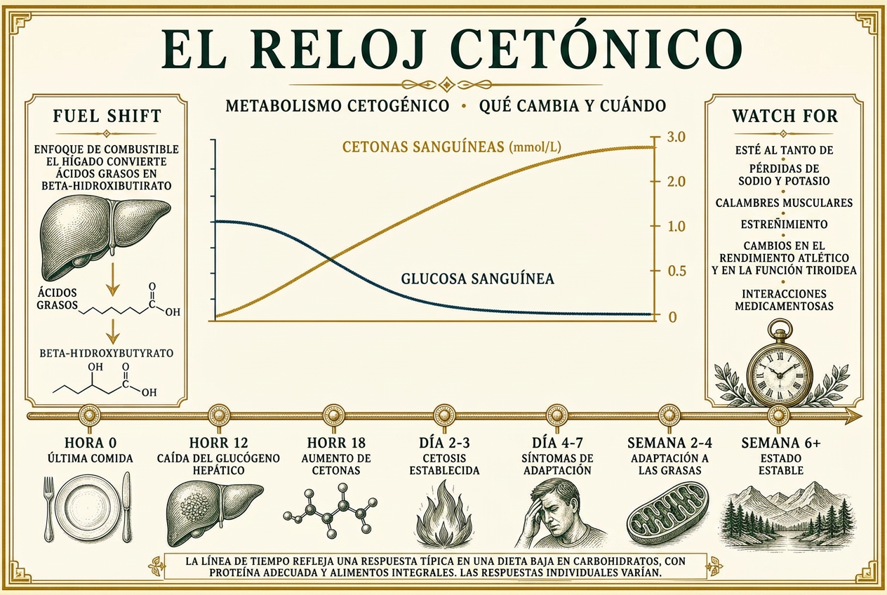 Infografía de la línea de tiempo de la adaptación cetogénica desde la última comida hasta el aumento de las cetonas, la cetosis establecida, los síntomas de adaptación y el estado estable
