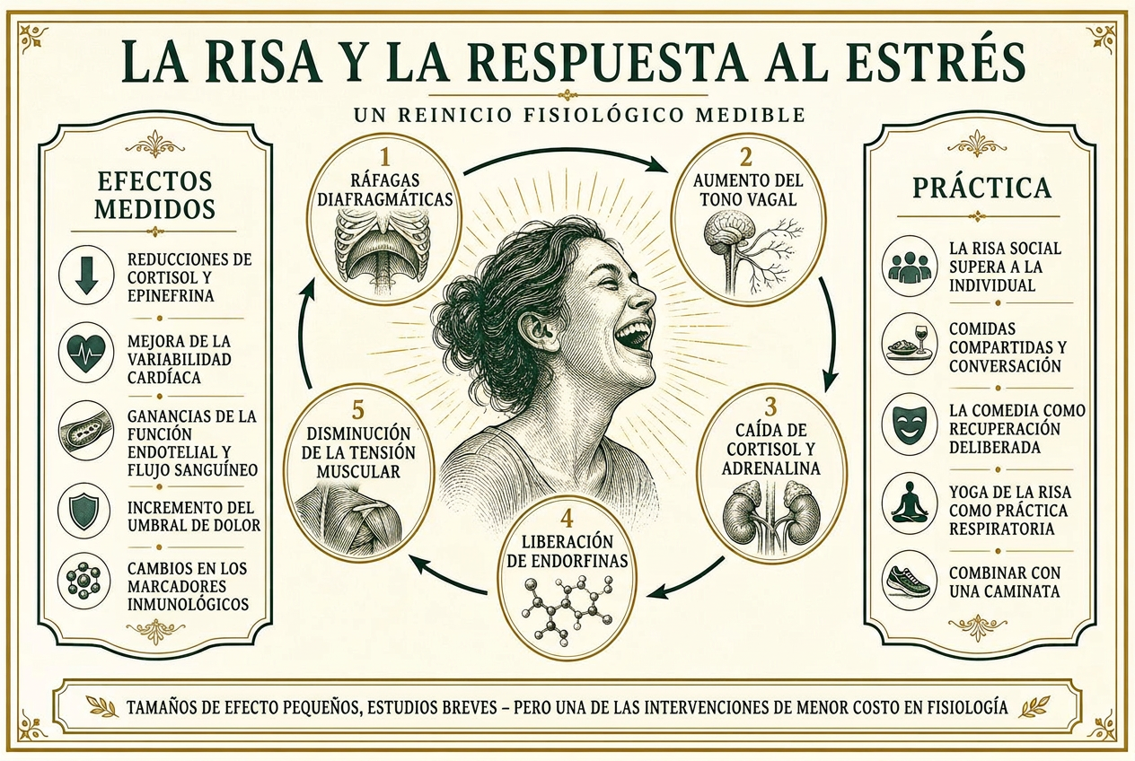 Bucle infográfico de la respuesta de la risa, desde ráfagas diafragmáticas hasta el tono vagal, con menor cortisol y liberación de endorfinas