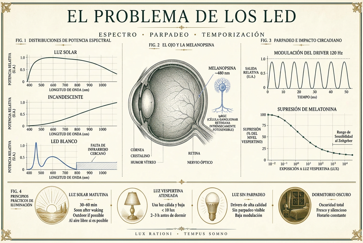 Infografía que compara el espectro de la luz solar, la luz incandescente y la luz LED blanca, con una forma de onda de parpadeo y una curva de supresión de melatonina