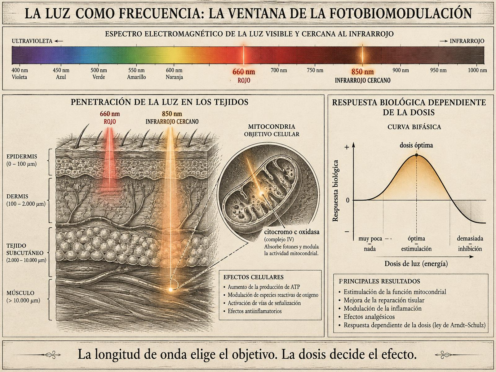 Lámina grabada que muestra el espectro visible e infrarrojo cercano con las bandas de 660 y 850 nanómetros destacadas, la luz penetrando las capas de la piel hasta una mitocondria, y una curva bifásica de dosis-respuesta.